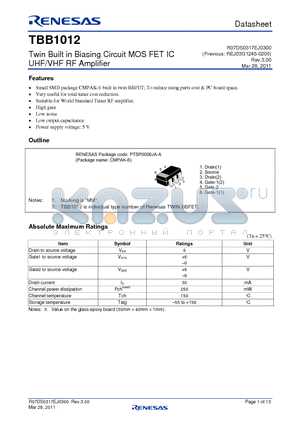 TBB1012_11 datasheet - Twin Built in Biasing Circuit MOS FET IC UHF/VHF RF Amplifier