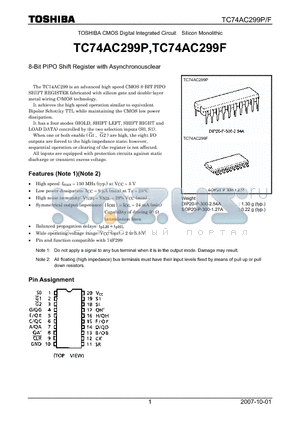 TC74AC299P datasheet - CMOS Digital Integrated Circuit Silicon Monolithic 8-Bit PIPO Shift Register with Asynchronousclear