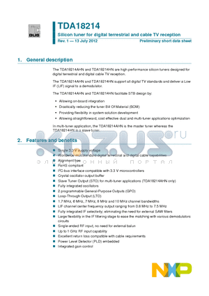 TDA18214AHN datasheet - Silicon tuner for digital terrestrial and cable TV reception