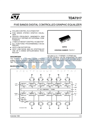 TDA7317 datasheet - FIVE BANDS DIGITAL CONTROLLED GRAPHIC EQUALIZER