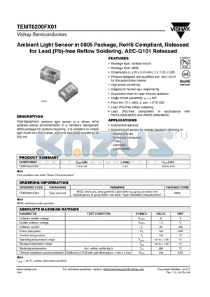 TEMT6200FX01_08 datasheet - Ambient Light Sensor in 0805 Package, RoHS Compliant, Released for Lead (Pb)-free Reflow Soldering, AEC-Q101 Released