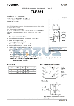 TLP351 datasheet - Inverter for Air Conditioner IGBT/Power MOS FET Gate Drive Industrial Inverter