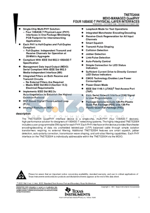 TNETE2004PAC datasheet - MDIO-MANAGED QuadPHY FOUR 10BASE-T PHYSICAL-LAYER INTERFACES