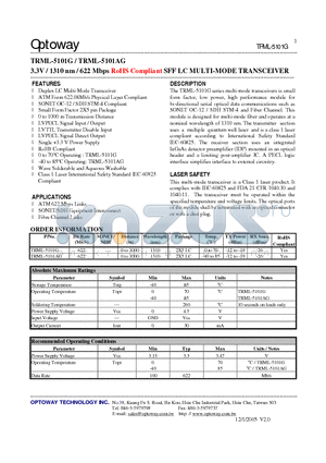 TRML-5101G datasheet - 3.3V / 1310 nm / 622 Mbps RoHS Compliant SFF LC MULTI-MODE TRANSCEIVER