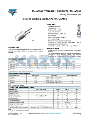 TSHA5200 datasheet - Infrared Emitting Diode, 875 nm, GaAlAs