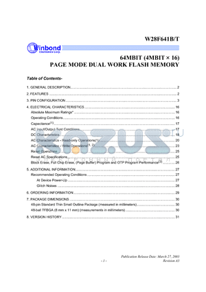 W28F641TB80L datasheet - 64MBIT (4MBIT  16) PAGE MODE DUAL WORK FLASH MEMORY