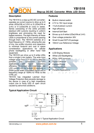 YB1518 datasheet - Step-up DC-DC Converter White LED Driver