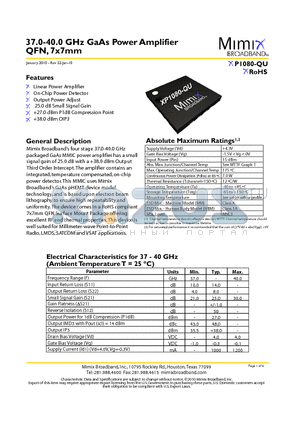 XP1080-QU-EV1 datasheet - 37.0-40.0 GHz GaAs Power Amplifier QFN, 7x7mm