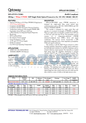 XPS-2371W-CXX0G datasheet - 10Gbps / 70 km / CWDM XFP Single-Mode Optical Transceiver for OC-192 / 10GbE / 10G FC