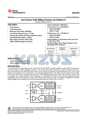 ADS54T01 datasheet - Dual Channel 12-Bit 500Msps Receiver and Feedback IC