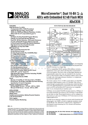 ADUC836BCP datasheet - MicroConverter, Dual 16-Bit-ADCs with Embedded 62 kB Flash MCU