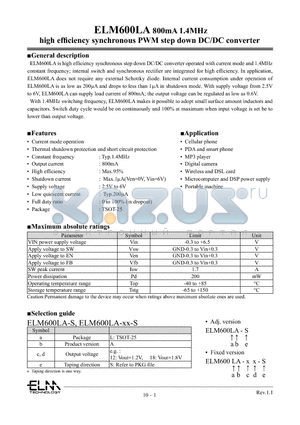 ELM600LA-18-S datasheet - ELM600LA 800mA 1.4MHz high efficiency synchronous PWM step down DC/DC converter