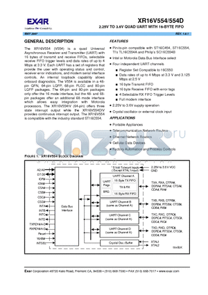 XR16V554 datasheet - 2.25V TO 3.6V QUAD UART WITH 16-BYTE FIFO