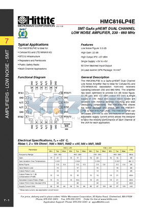 HMC816LP4E datasheet - SMT GaAs pHEMT DUAL CHANNEL LOW NOISE AMPLIFIER, 230 - 660 MHz