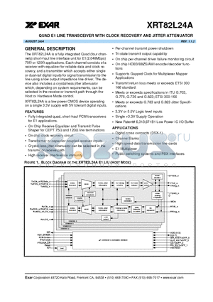 XRT82L24AIV datasheet - QUAD E1 LINE TRANSCEIVER WITH CLOCK RECOVERY AND JITTER ATTENUATOR