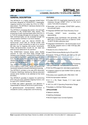 XRT94L31IB datasheet - 3-CHANNEL DS3/E3/STS-1 TO STS-3/STM-1 MAPPER