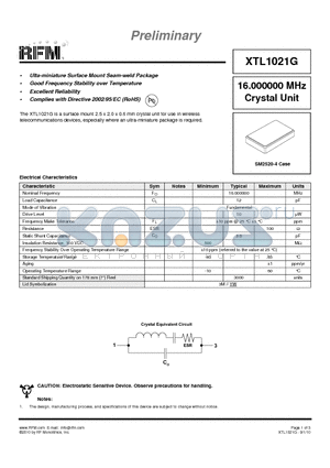 XTL1021G datasheet - Ulta-miniature Surface Mount Seam-weld Package