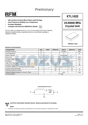 XTL1022 datasheet - Ulta-miniature Surface Mount Seam-weld Package