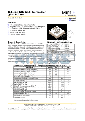 XU1006-QB datasheet - 36.0-42.0 GHz GaAs Transmitter QFN, 7x7 mm