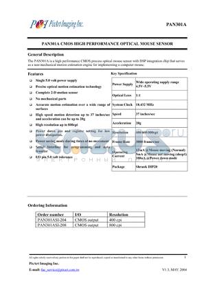 PAN301ASI-204 datasheet - CMOS HIGH PERFORMANCE OPTICAL MOUSE SENSOR