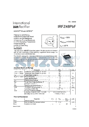 IRFZ48PBF datasheet - HEXFET POWER MOSFET ( VDSS = 60V , RDS(on) = 0.018Y , ID = 50A )