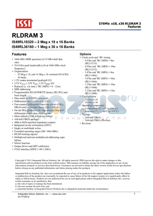 IS49RL18320 datasheet - 576Mb: x18, x36 RLDRAM 3 Features