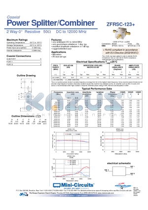 ZFRSC-123+ datasheet - Power Splitter/Combiner 2 Way-0 Resistive 50Y DC to 12000 MHz