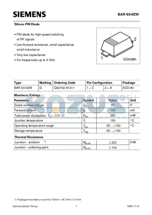 Q62702-A1211 datasheet - Silicon PIN Diode (PIN diode for high speed switching of RF signals, Low forward resistance, small capacitance small inductance)