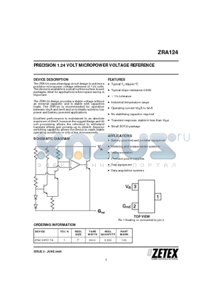 ZRA124F01TA datasheet - PRECISION 1.24 VOLT MICROPOWER VOLTAGE REFERENCE