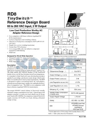 RD8 datasheet - 85 to 265 VAC Input, 3 W Output Reference Design Board
