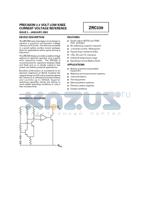 ZRC330A01 datasheet - PRECISION 3.3 VOLT LOW KNEE CURRENT VOLTAGE REFERENCE