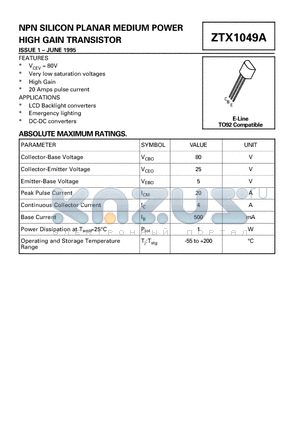 ZTX1049A datasheet - NPN SILICON PLANAR MEDIUM POWER HIGH GAIN TRANSISTOR