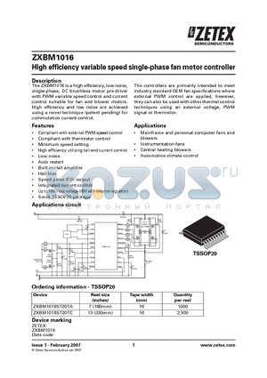 ZXBM1016ST20TA datasheet - High efficiency variable speed single-phase fan motor controller