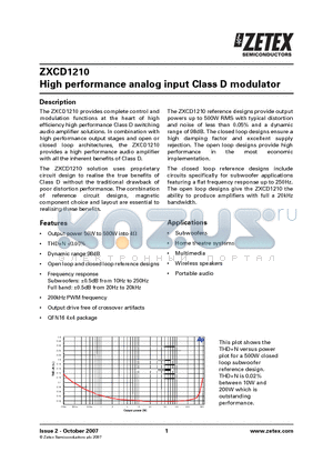 ZXCD1210 datasheet - High performance analog input Class D modulator
