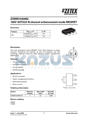 ZXMN10A08G datasheet - 100V SOT223 N-channel enhancement mode MOSFET