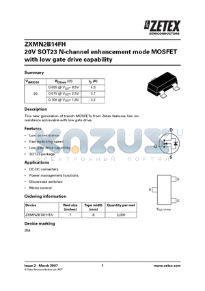 ZXMN2B14FH datasheet - 20V SOT23 N-channel enhancement mode MOSFET with low gate drive capability