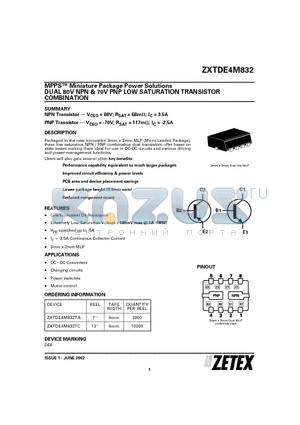 ZXTDE4M832 datasheet - DUAL 80V NPN & 70V PNP LOW SATURATION TRANSISTOR COMBINATION