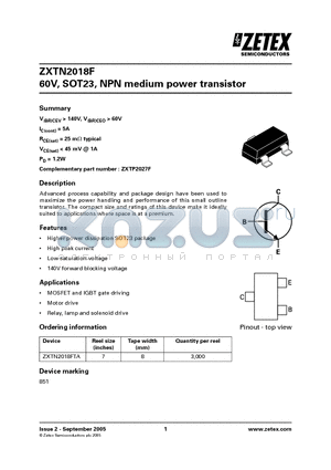 ZXTN2018F datasheet - 60V, SOT23, NPN medium power transistor