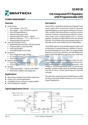SC401B datasheet - 15A Integrated FET Regulator with Programmable LDO