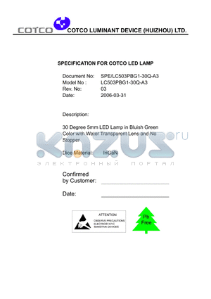 SPE/LC503PBG1-30Q-A3 datasheet - SPECIFICATION FOR COTCO LED LAMP