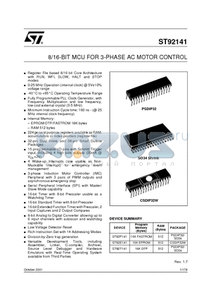 ST92141 datasheet - 8/16-BIT MCU FOR 3-PHASE AC MOTOR CONTROL