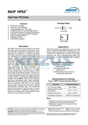 MA4P1200-401T datasheet - High Power PIN Diodes