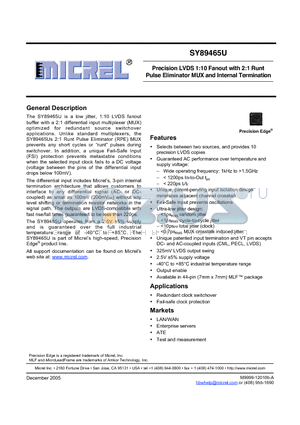 SY89465UMG datasheet - Precision LVDS 1:10 Fanout with 2:1 Runt Pulse Eliminator MUX and Internal Termination