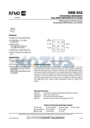 NBB-302-T1 datasheet - CASCADABLE BROADBAND GaAs MMIC AMPLIFIER DC TO 12GHz