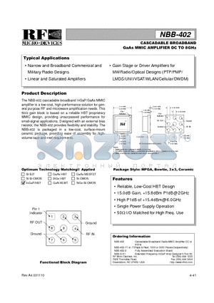 NBB-402-T3 datasheet - CASCADABLE BROADBAND GaAs MMIC AMPLIFIER DC TO 8GHz