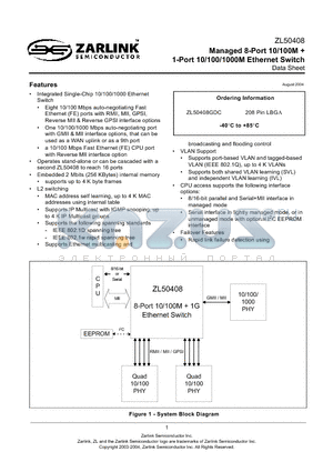 ZL50408 datasheet - Managed 8-Port 10/100M 1-Port 10/100/1000M Ethernet Switch