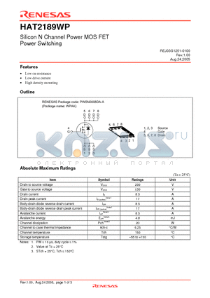 HAT2189WP datasheet - Silicon N Channel Power MOS FET Power Switching