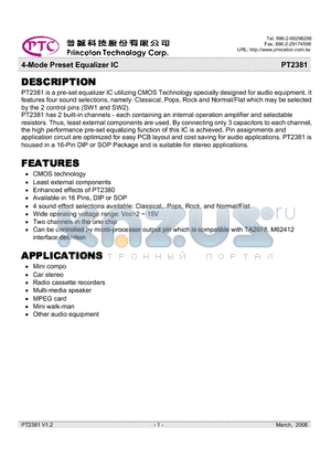 PT2381-S datasheet - 4-Mode Preset Equalizer IC