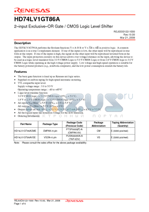 HD74LV1GT86AVSE datasheet - 2-input Exclusive-OR Gate / CMOS Logic Level Shifter