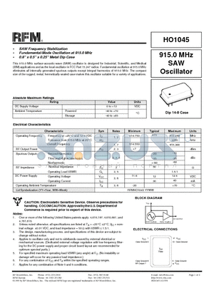 HO1045 datasheet - 915.0 MHz SAW Oscillator